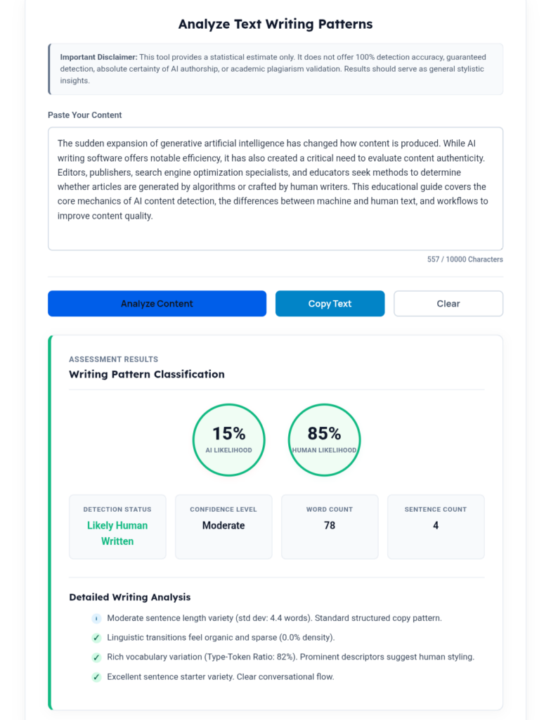 ToolMindAI AI Content Detector displaying AI probability score, human writing estimate, readability analysis, and writing suggestions.