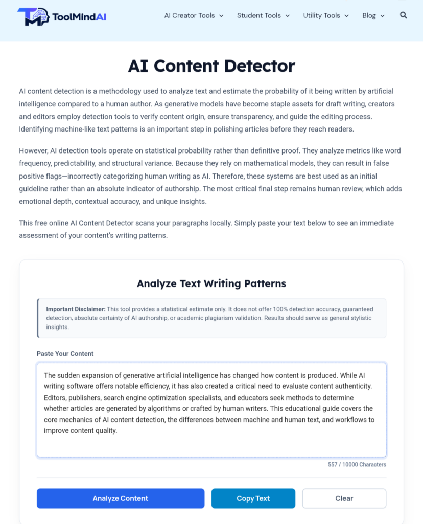 User pasting an article into the ToolMindAI AI Content Detector before running an analysis.