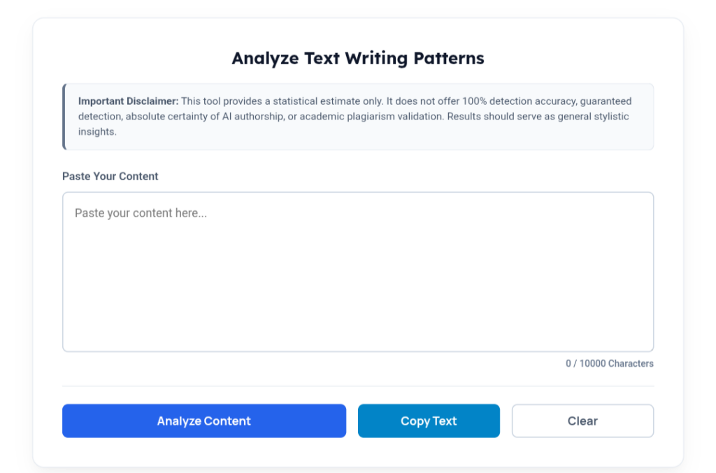 ToolMindAI AI Content Detector interface showing the text editor, content input area, and Analyze Content button.