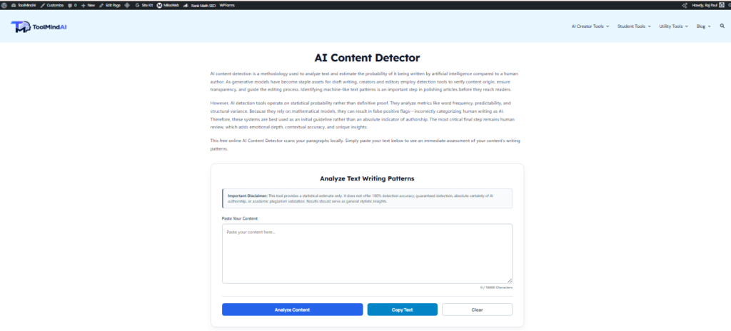 ToolMindAI AI Content Detector homepage showing the text input area and content analysis options.