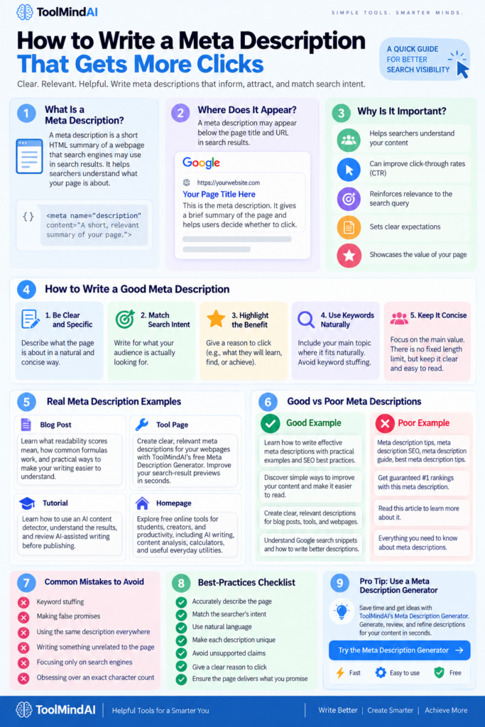 Infographic explaining how to write effective meta descriptions with SEO tips, examples, and common mistakes