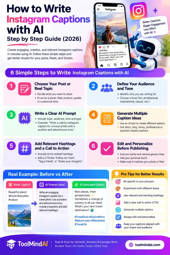 Infographic showing six steps to write Instagram captions with AI, including prompts, hashtags, and editing tips.