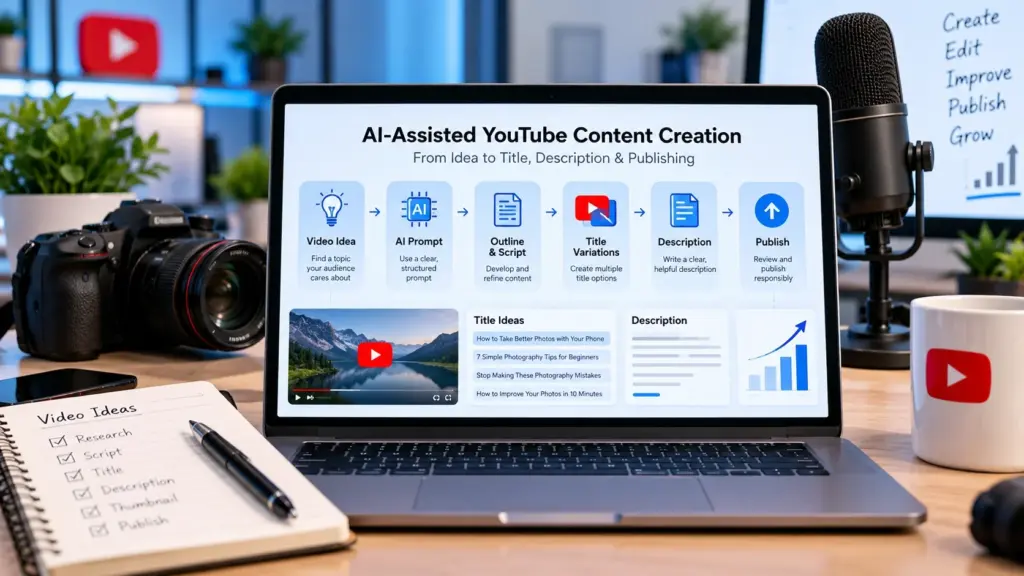 AI-assisted YouTube content creation workflow from idea to publishing