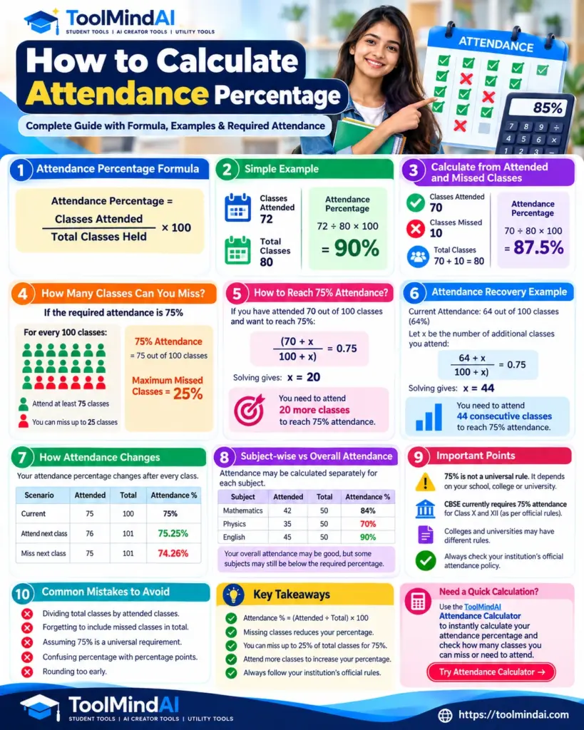 Attendance percentage infographic showing formulas, examples, 75% attendance, recovery calculations, and common mistakes