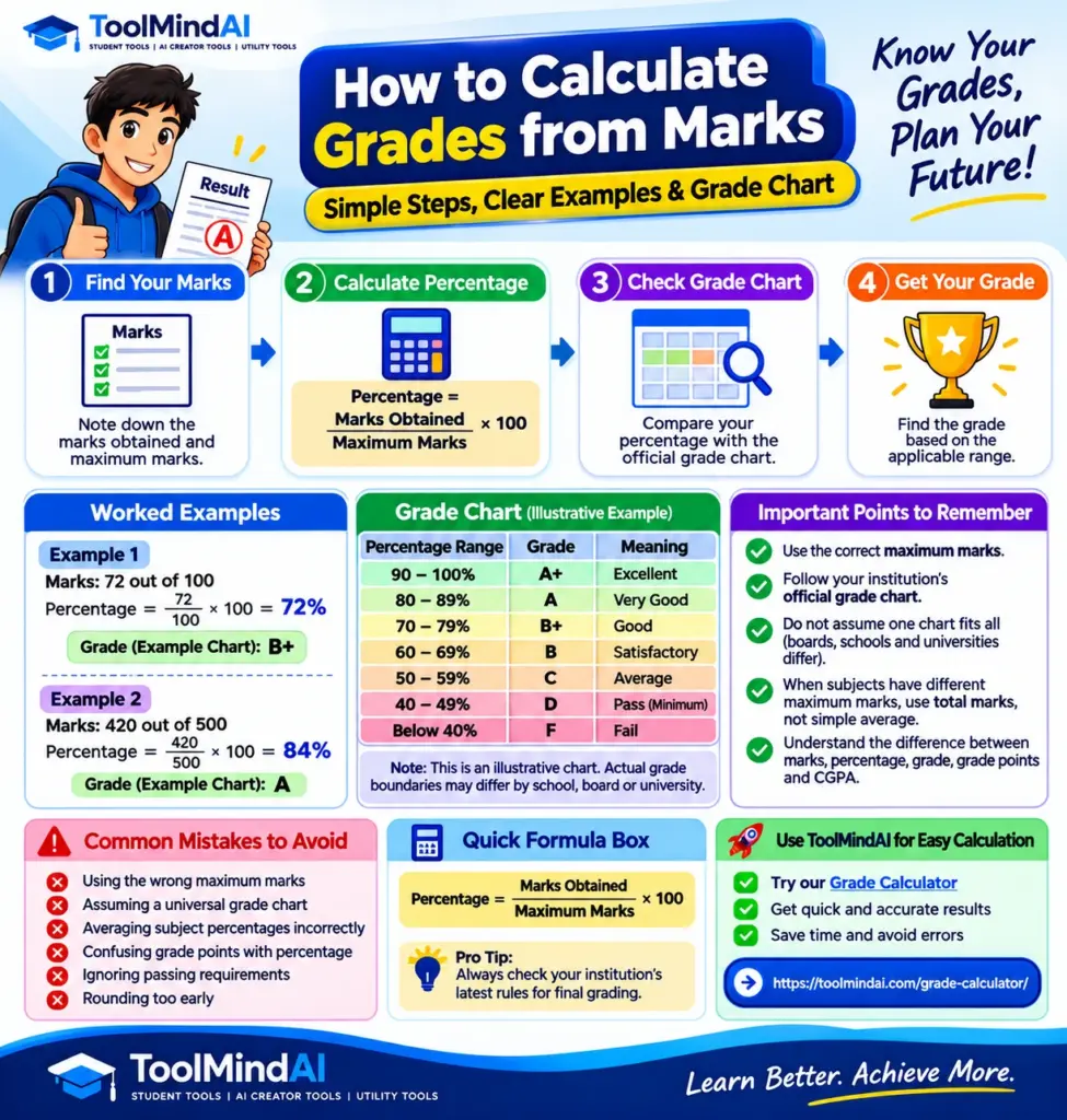 Infographic showing how to calculate grades from marks using the percentage formula, worked examples, and an illustrative grade chart.