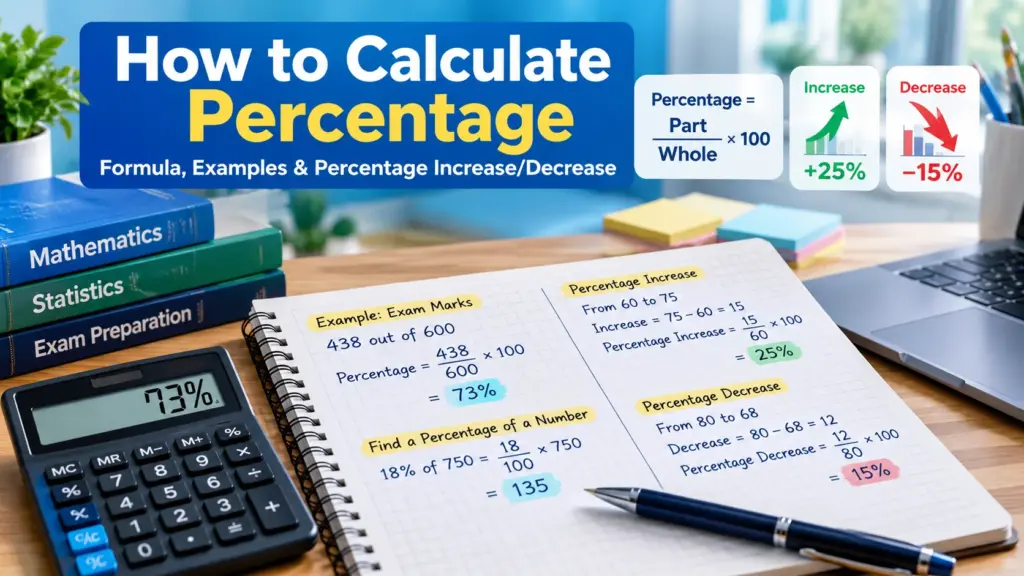How to calculate percentage using formulas, marks, and percentage increase and decrease