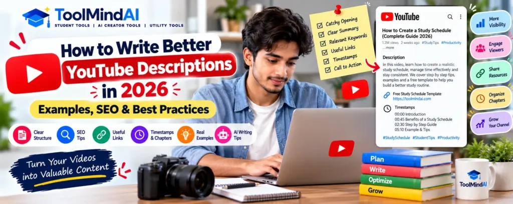 How to write better YouTube descriptions with SEO tips, examples, timestamps, useful links, and AI writing guidance.