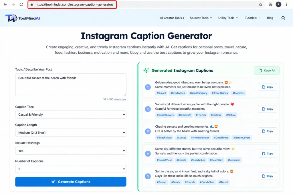Screenshot of ToolMindAI Instagram Caption Generator showing caption settings, generated Instagram captions, hashtags, and copy buttons.