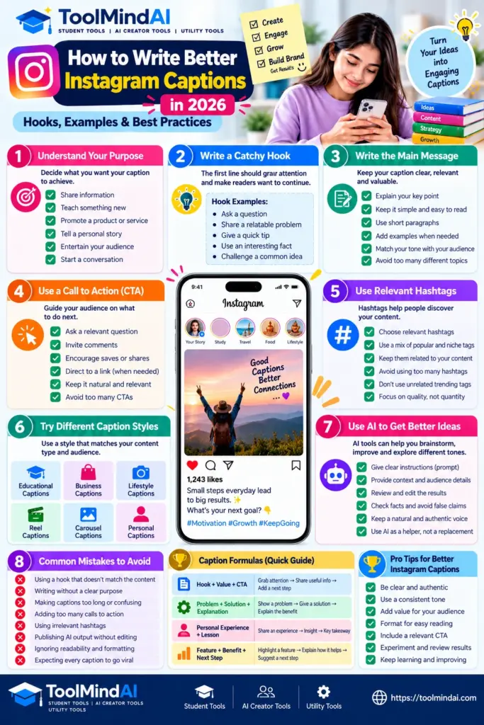 Instagram caption writing infographic showing hooks, main messages, calls to action, hashtags, caption formulas, AI tips, and common mistakes.