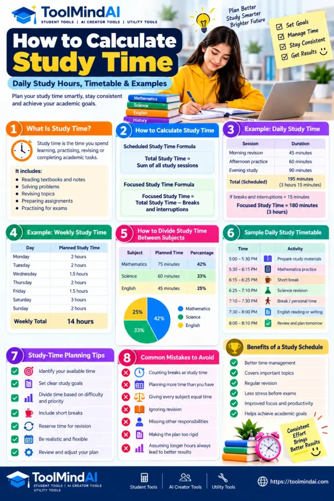 Study time infographic showing daily and weekly study-hour formulas, subject time allocation, a sample timetable, and planning tips.
Copy alt text