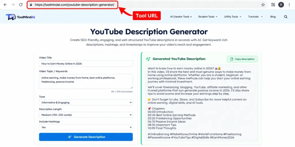 Screenshot of ToolMindAI YouTube Description Generator showing video title and keyword inputs, description settings, generated YouTube description, timestamps, and hashtags.