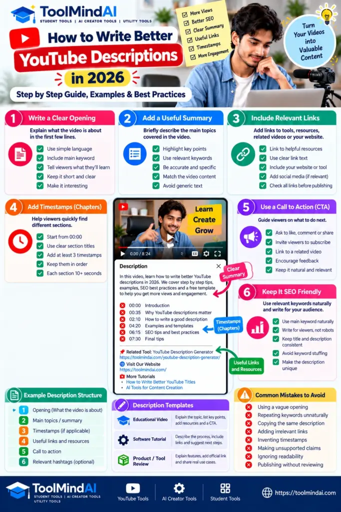 Infographic showing how to write YouTube descriptions with clear openings, summaries, useful links, timestamps, calls to action, SEO tips, and templates.